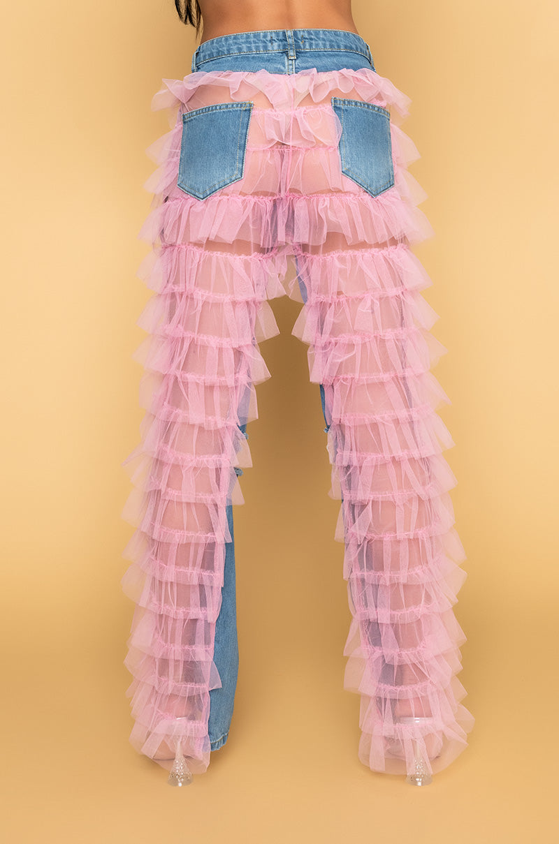 Back View Kiki Riki Best In Show Denim Pants With Tulle in Light Pink 2