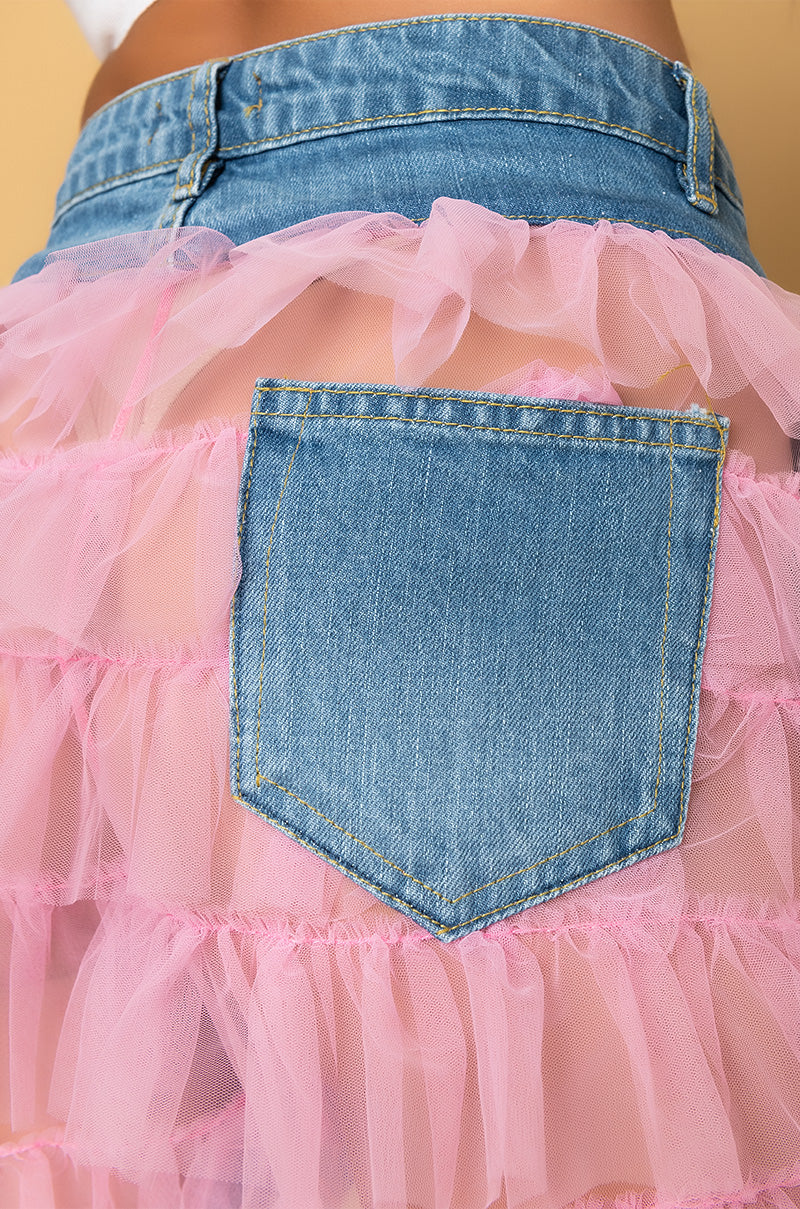 Detail View Kiki Riki Best In Show Denim Pants With Tulle in Light Pink 3