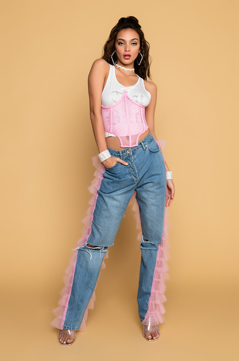 Full View Kiki Riki Best In Show Denim Pants With Tulle in Light Pink 4