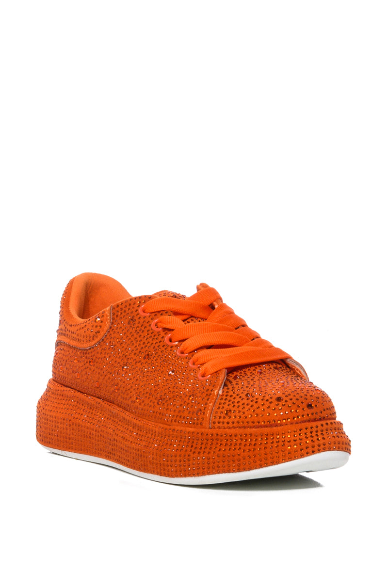 Back View Kingdom Bedazzled Flatform Sneaker In Orange