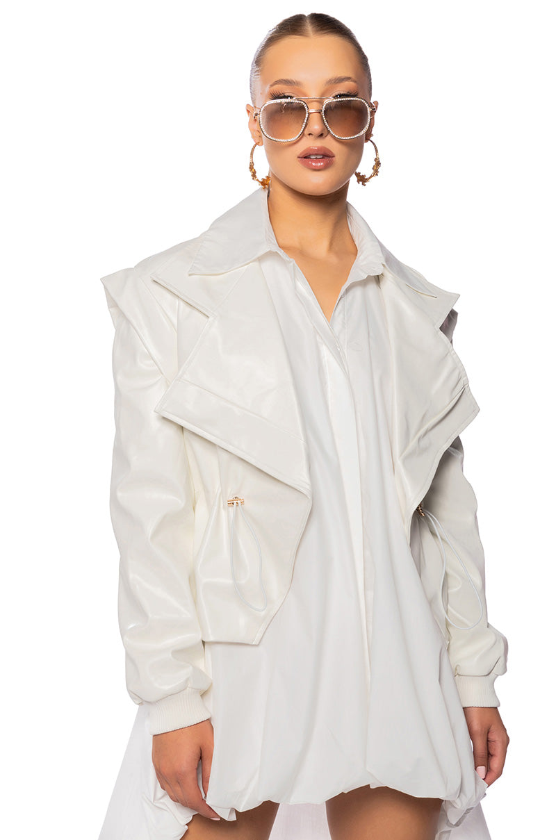 Front View Kintsugi Faux Leather Moto Jacket In White