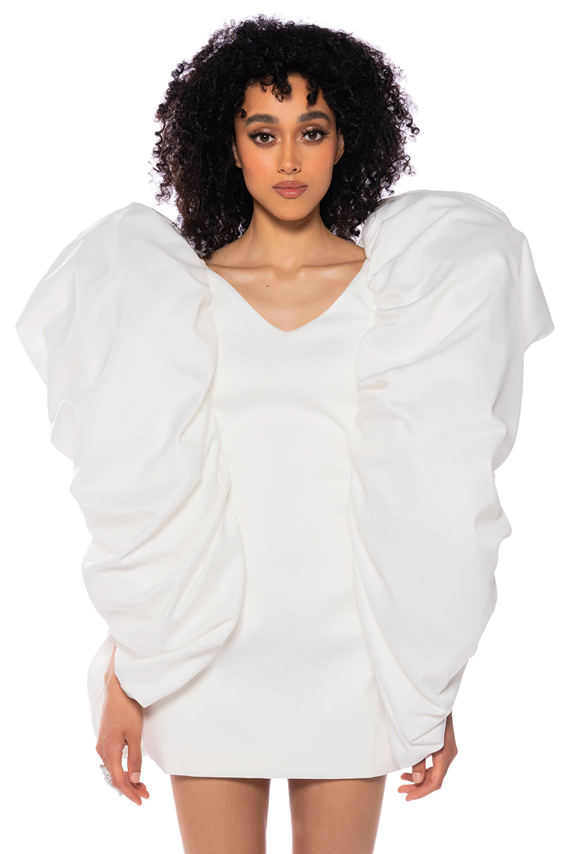 Front View Kiss Kiss Puff Sleeve Mini Dress In White