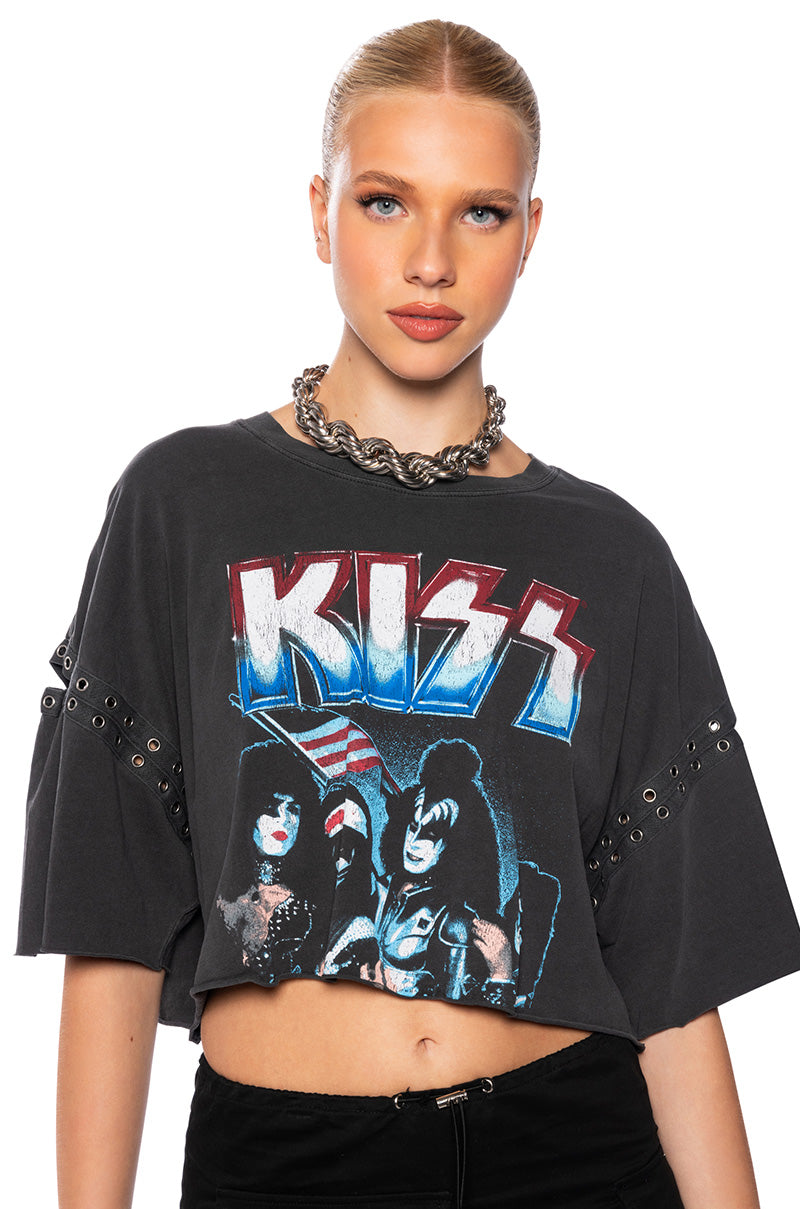 Front View Kiss Studded Cropped Band T Shirt 0