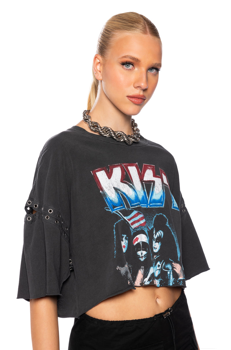 Side View Kiss Studded Cropped Band T Shirt 1