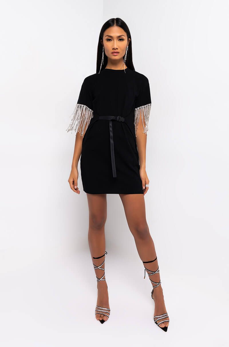 fringe t shirt dress KISS THE RING FRINGE T-SHIRT DRESS BLACK – AKIRA