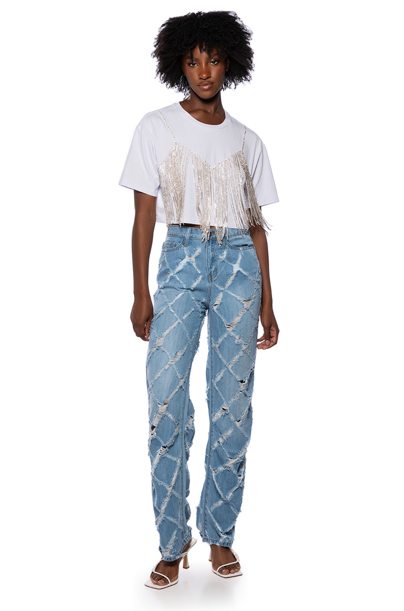 Side View Kit Criss Cross Distressed Straight Leg Jeans
