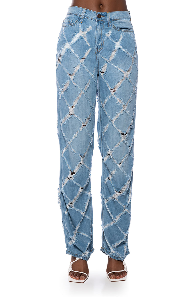 Detail View Kit Criss Cross Distressed Straight Leg Jeans
