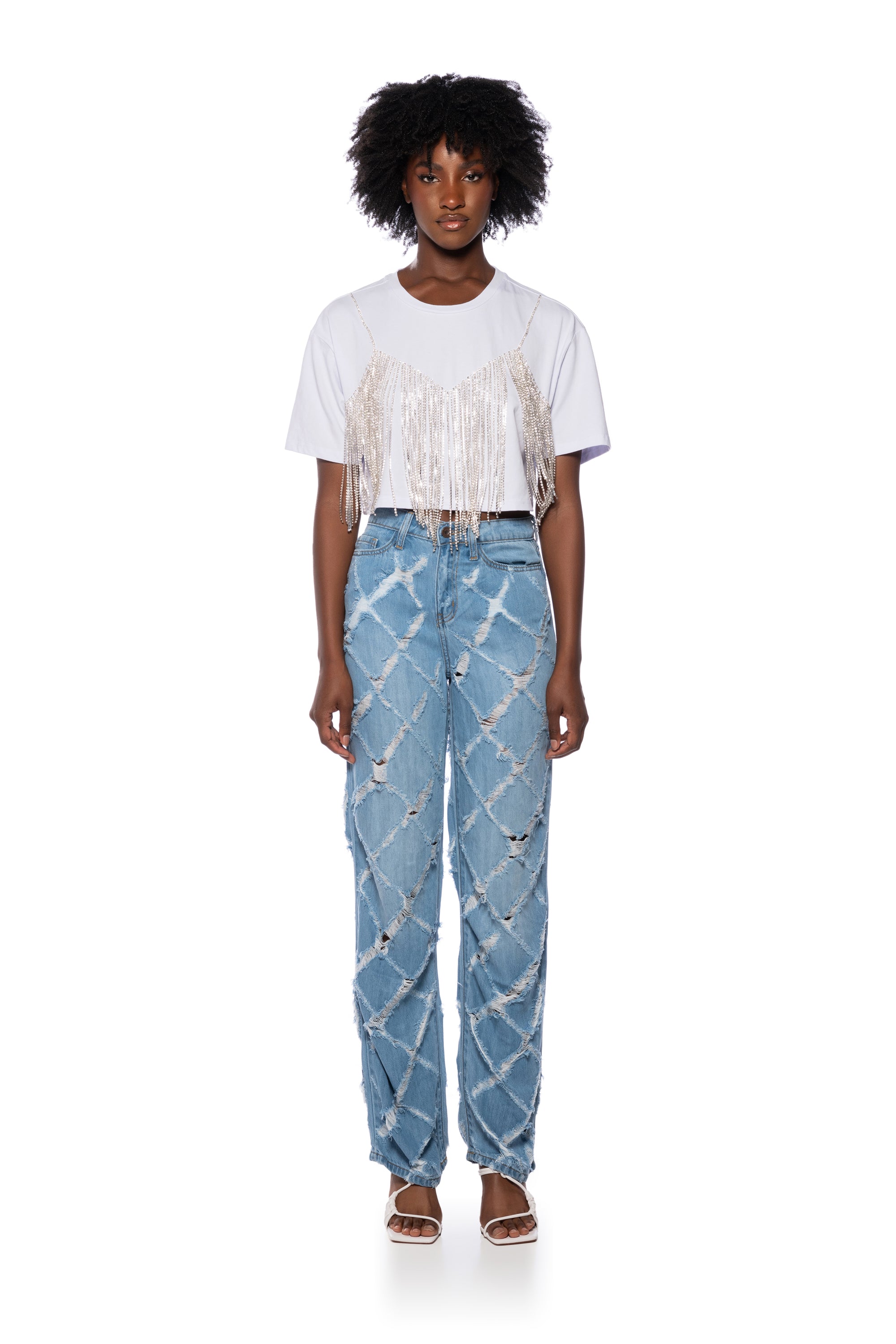 Extra View Kit Criss Cross Distressed Straight Leg Jeans
