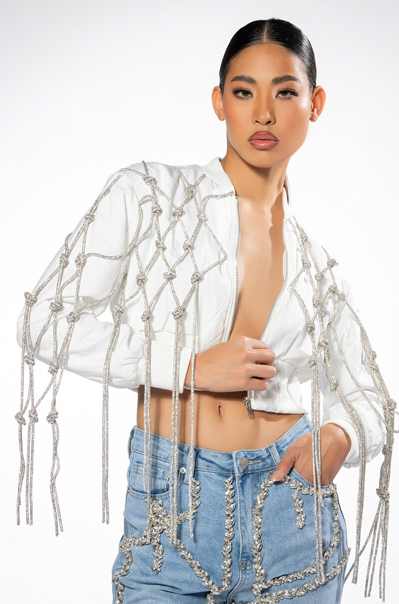 Front View Knot Again Crop Bomber With Diamond Rope