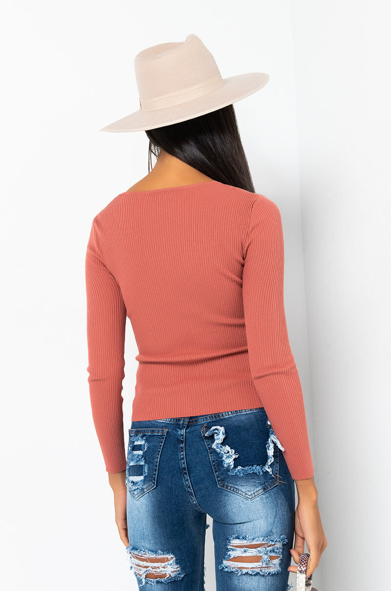 Back View Knot Today Twist Front Long Sleeve Sweater in Rust