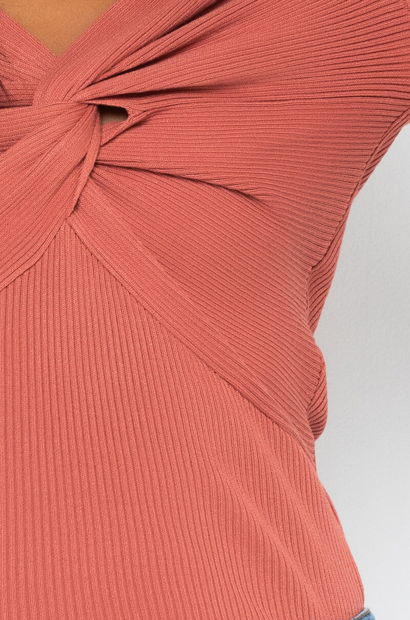 Detail View Knot Today Twist Front Long Sleeve Sweater in Rust
