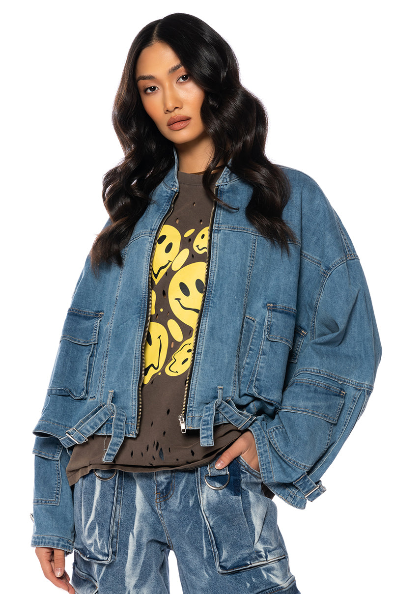 Front View La Isla Cargo Oversized Denim Jacket