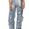 Front View La Isla Metallic Cargo Jeans In Silver