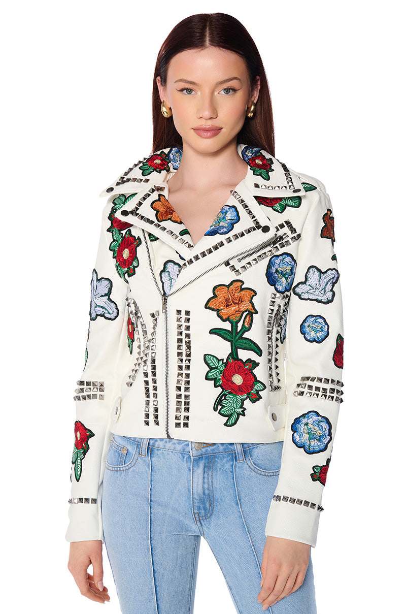 Front View La Louvre Floral Patch Moto Jacket