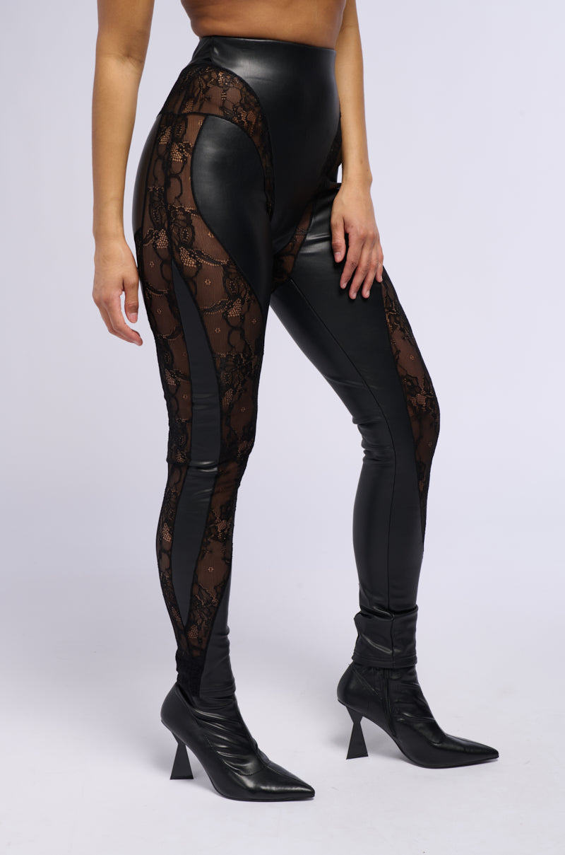 Back View Lace Detail Paneled Faux Leather Leggings In Black