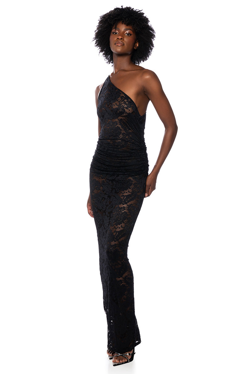 Front View Lace Floral One Shoulder Ruched Maxi Dress
