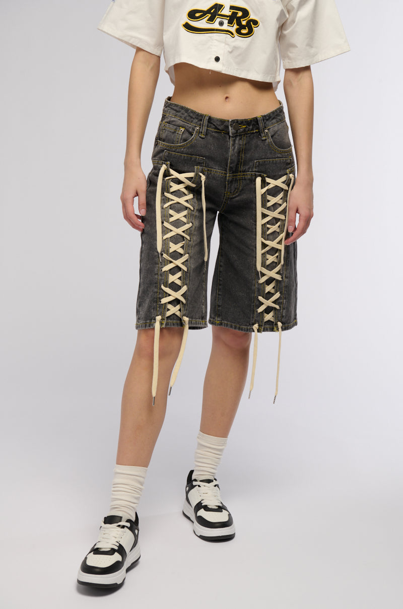 LACE ME UP DENIM BERMUDA SHORTS view 0
