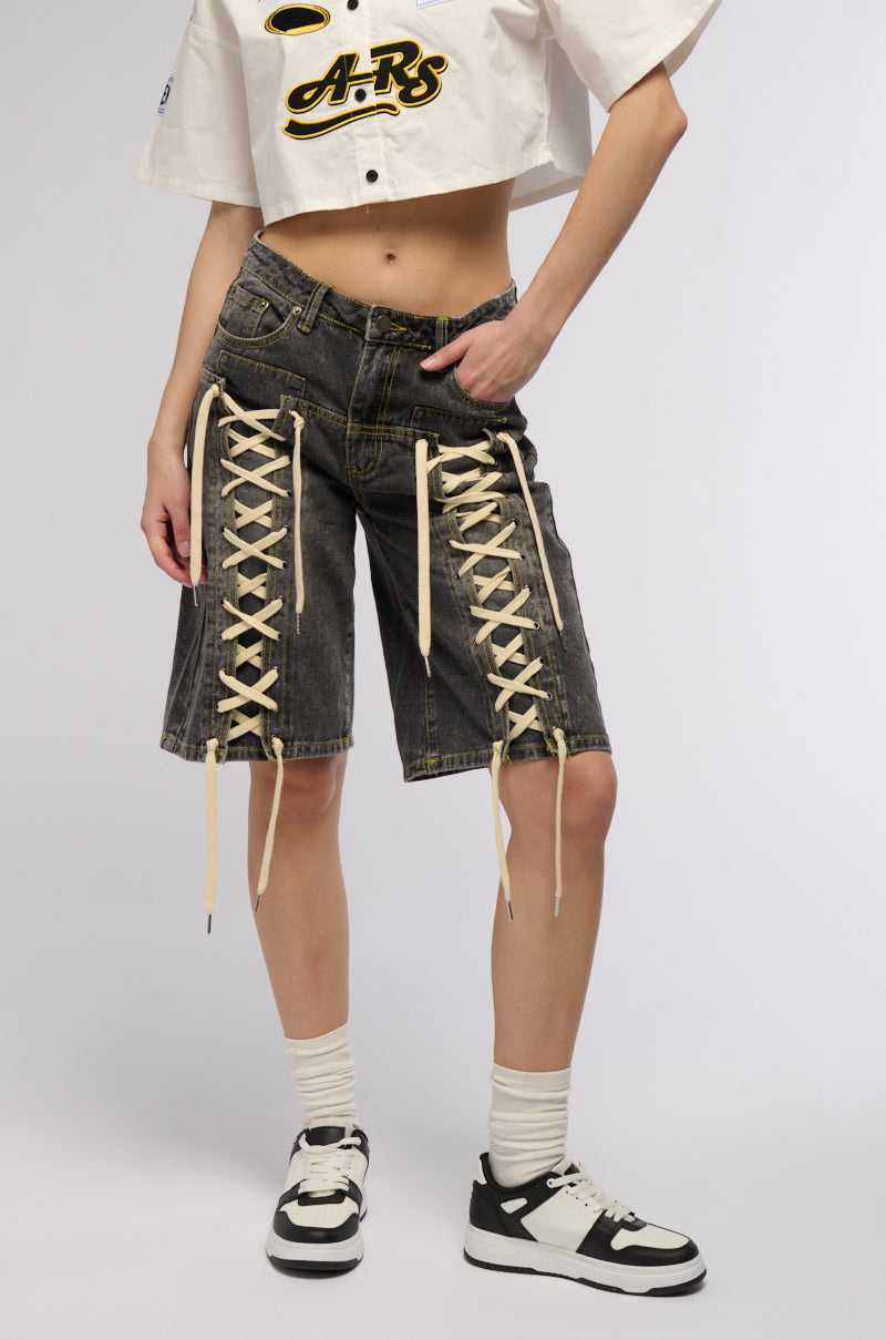 Side View Lace Me Up Denim Bermuda Shorts
