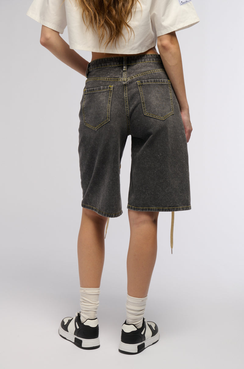 Detail View Lace Me Up Denim Bermuda Shorts