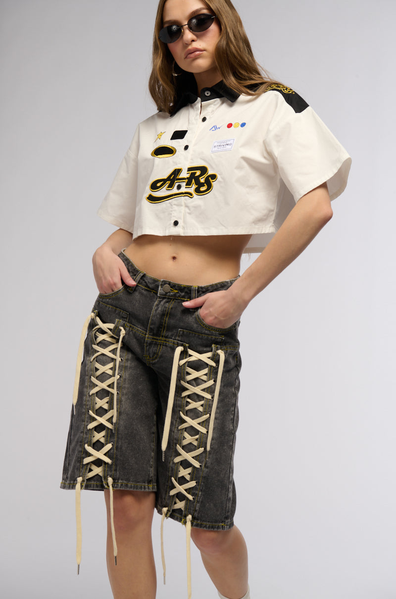 Full View Lace Me Up Denim Bermuda Shorts