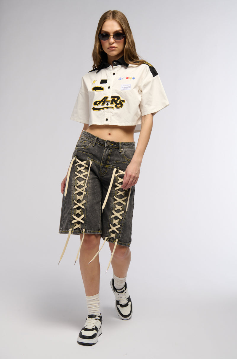 Extra View Lace Me Up Denim Bermuda Shorts