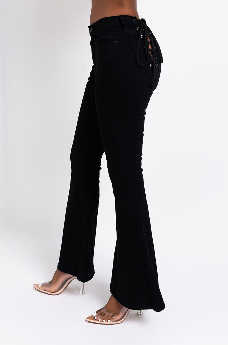 Side View Lace Me Up Flare Jeans in Black 1