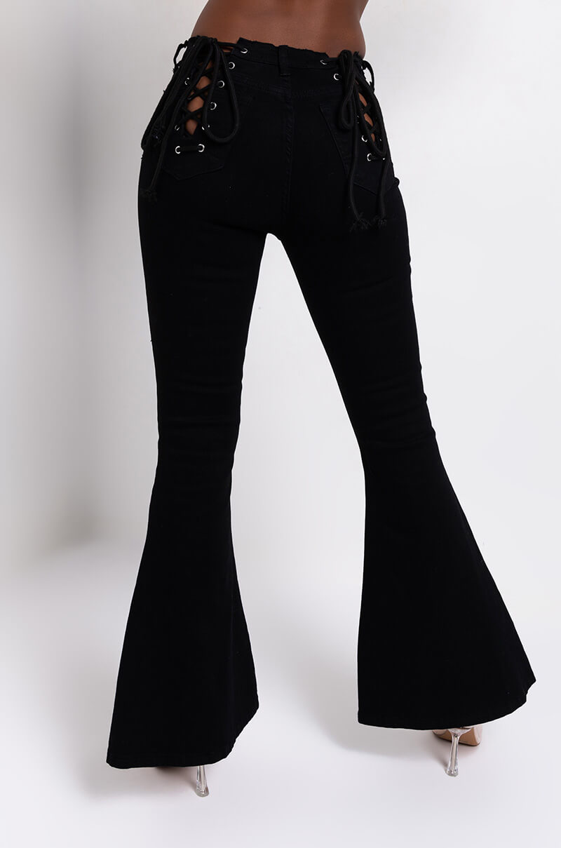 Back View Lace Me Up Flare Jeans in Black 2