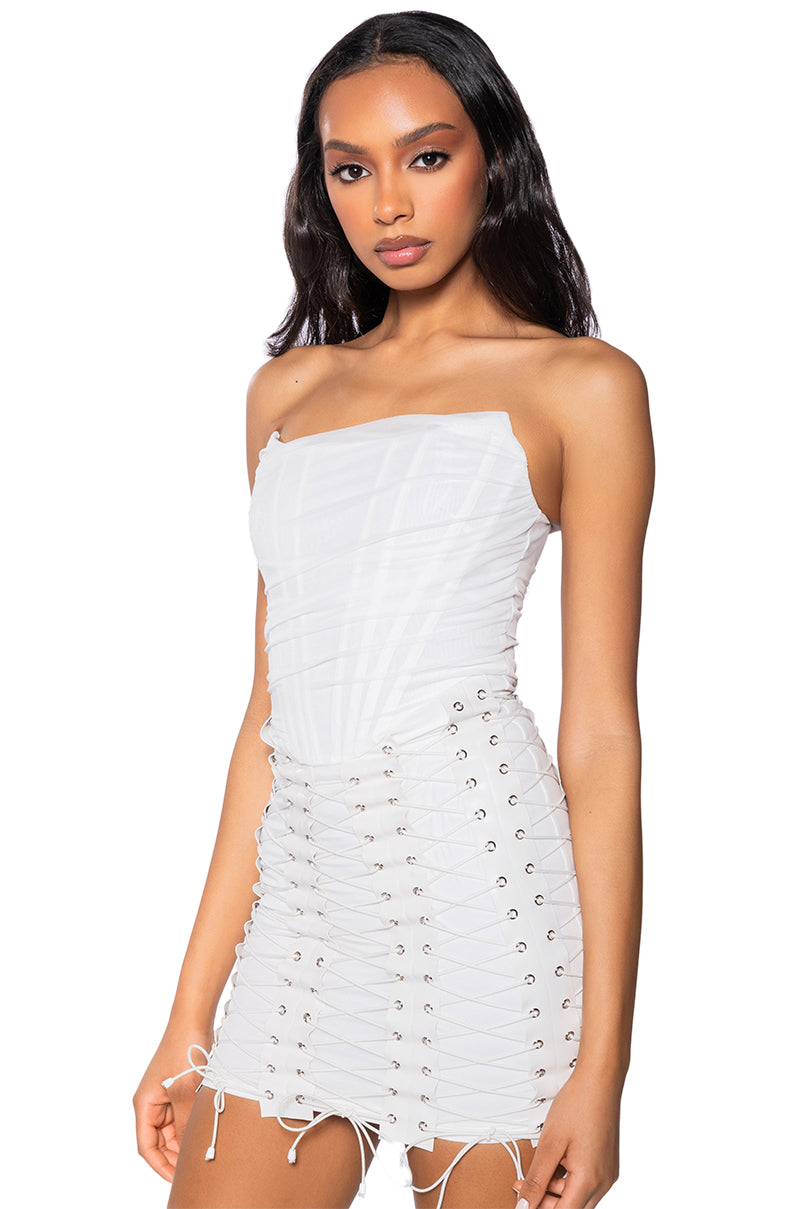 Front View Lace Me Up Mesh Mini Dress