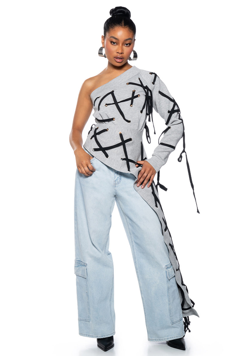 Front View Laced Up Asymmetrical Sweatshirt