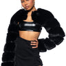 Front View Ladies Night Ultra Crop Faux Fur Jacket In Black