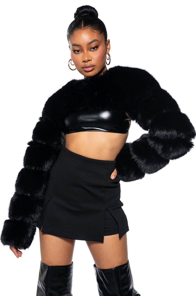 LADIES NIGHT ULTRA CROP FAUX FUR JACKET - Main Image