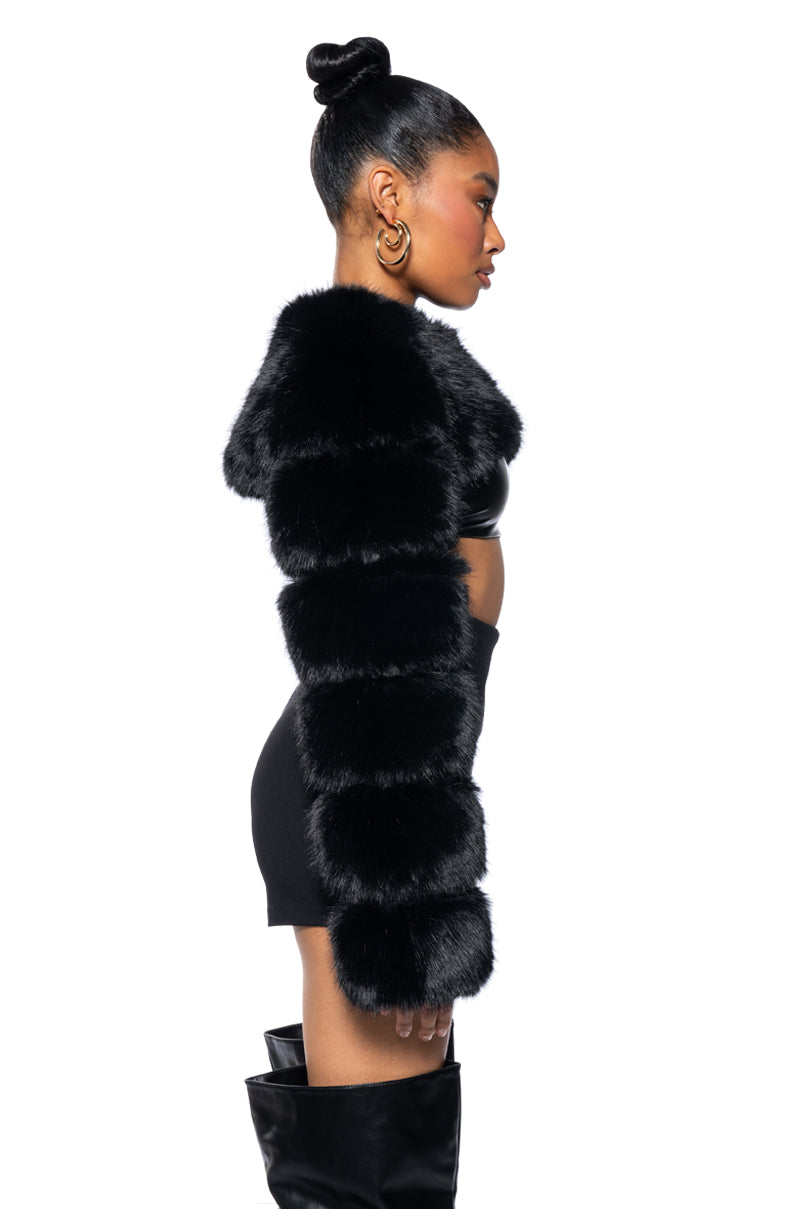 Full View Ladies Night Ultra Crop Faux Fur Jacket In Black