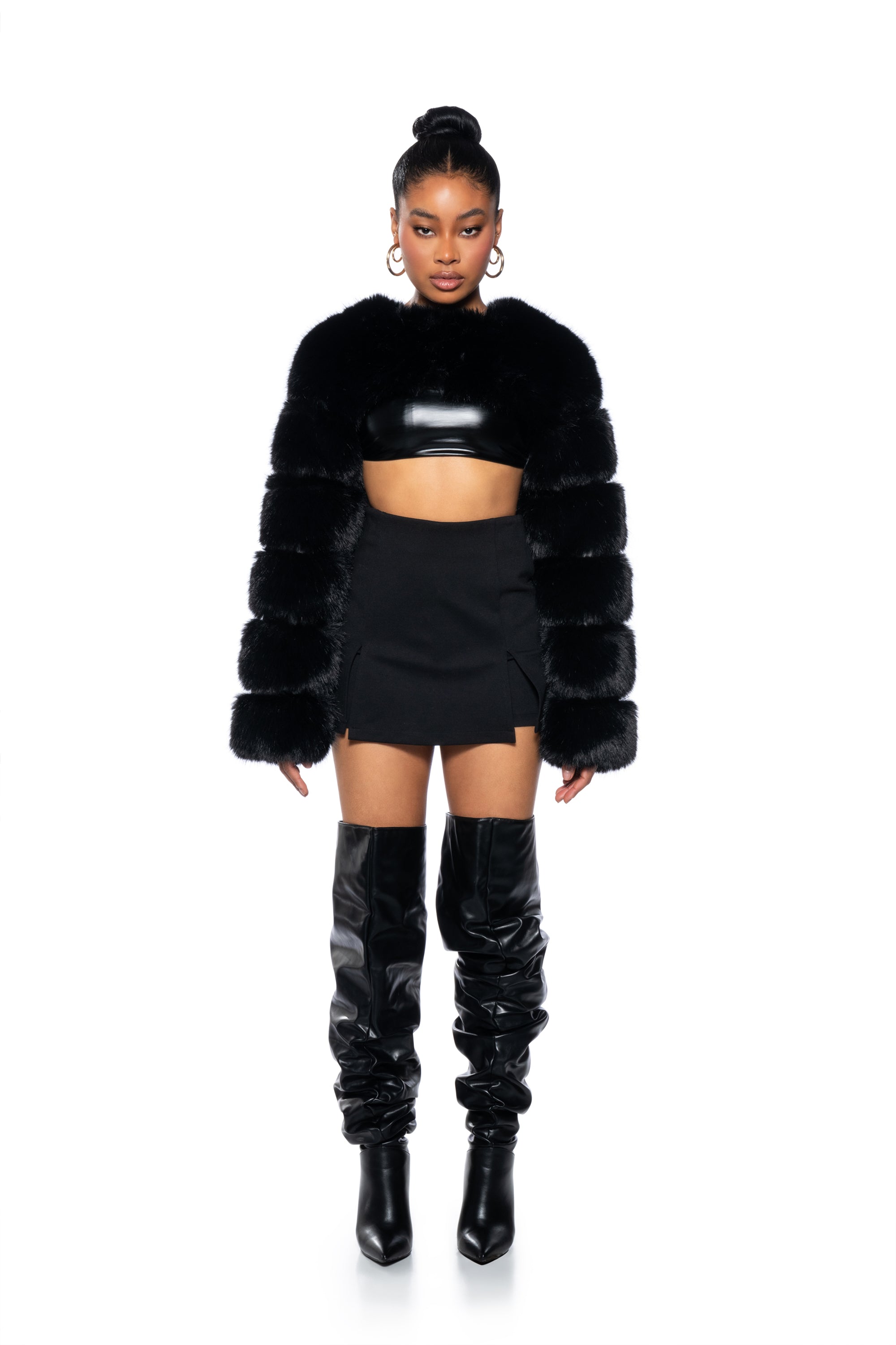 Extra View Ladies Night Ultra Crop Faux Fur Jacket In Black
