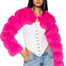 Front View Ladies Night Ultra Crop Faux Fur Jacket In Pink