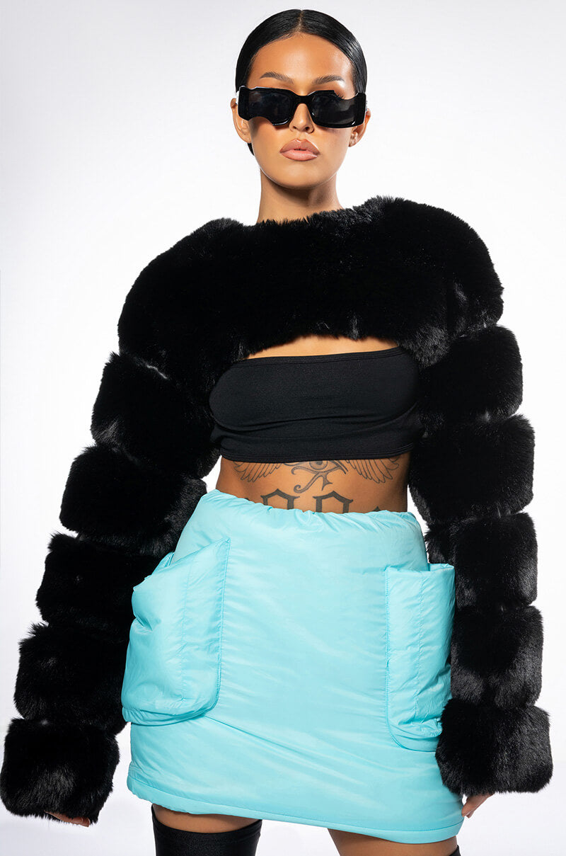 Side View Ladies Night Ultra Crop Faux Fur Jacket