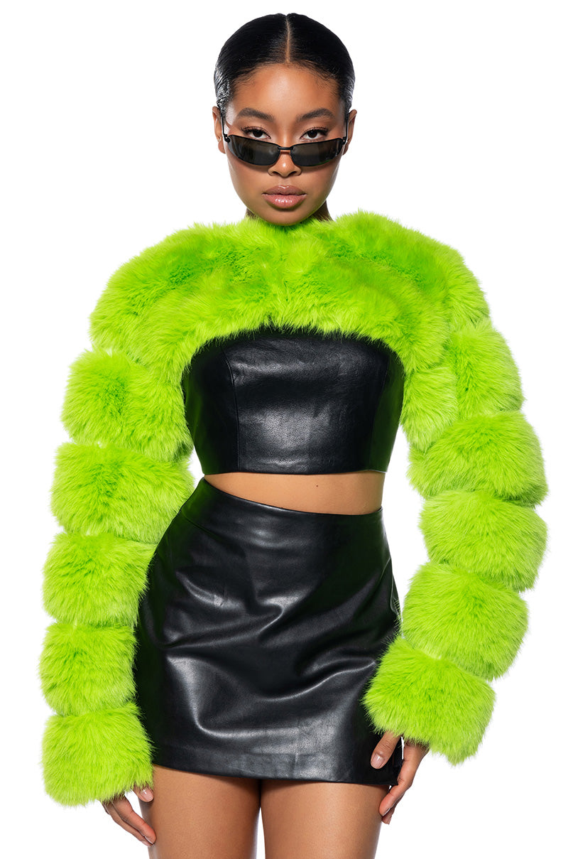 Front View Ladies Night Ultra Crop Faux Fur Jacket 0