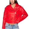 Front View Lady In Red Moto Jacket