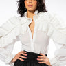 Front View Lady Luck Long Sleeve Ruffle Button Down Blouse