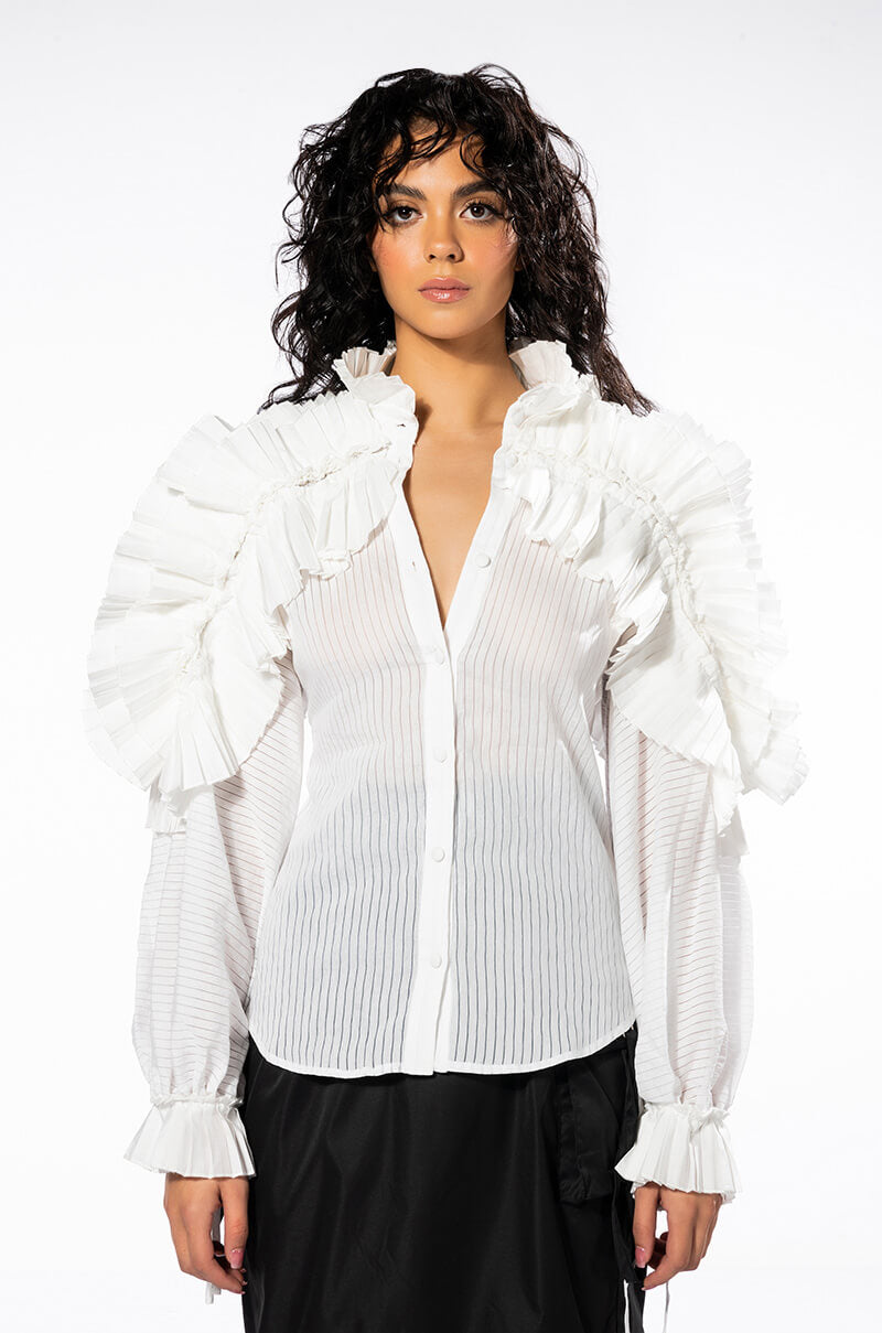 Back View Lady Luck Long Sleeve Ruffle Button Down Blouse