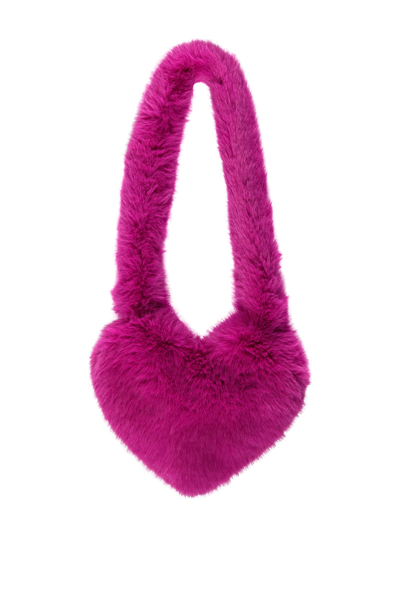 Side View Lana Faux Fur Heart Bag In Pink 5
