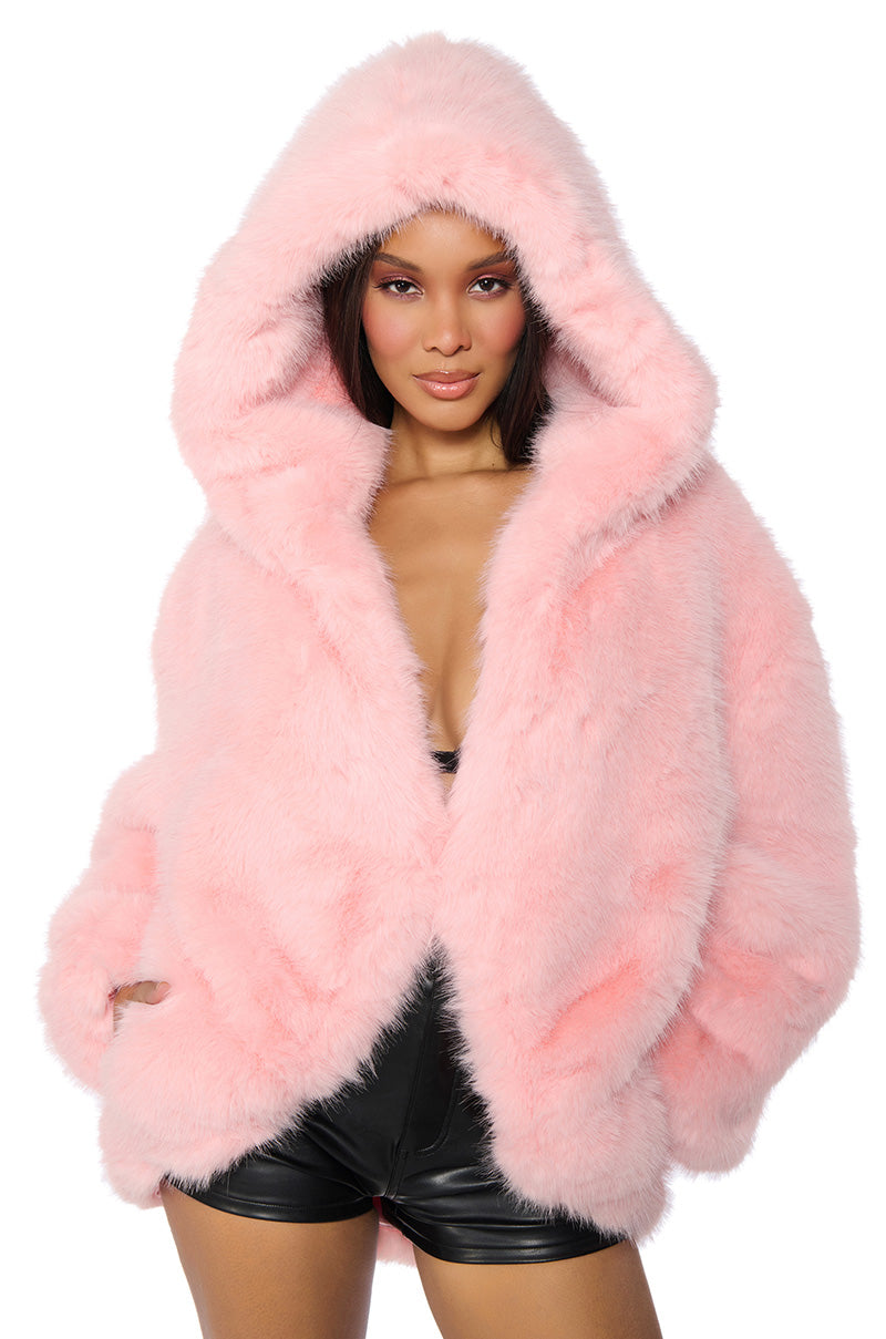 LANA HOODED FAUX FUR COAT IN PINK view 0