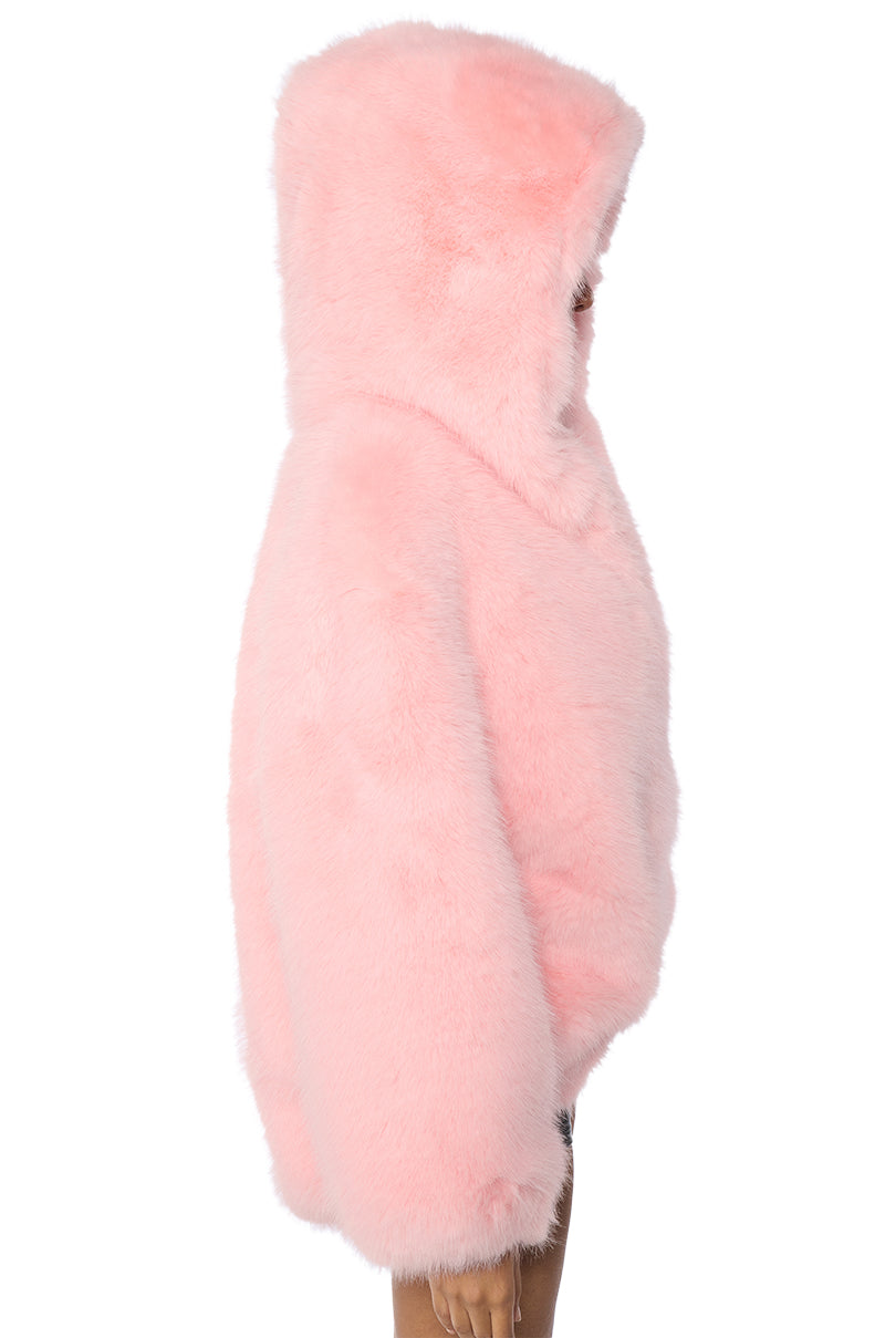 Full View Lana Hooded Faux Fur Coat In Pink
