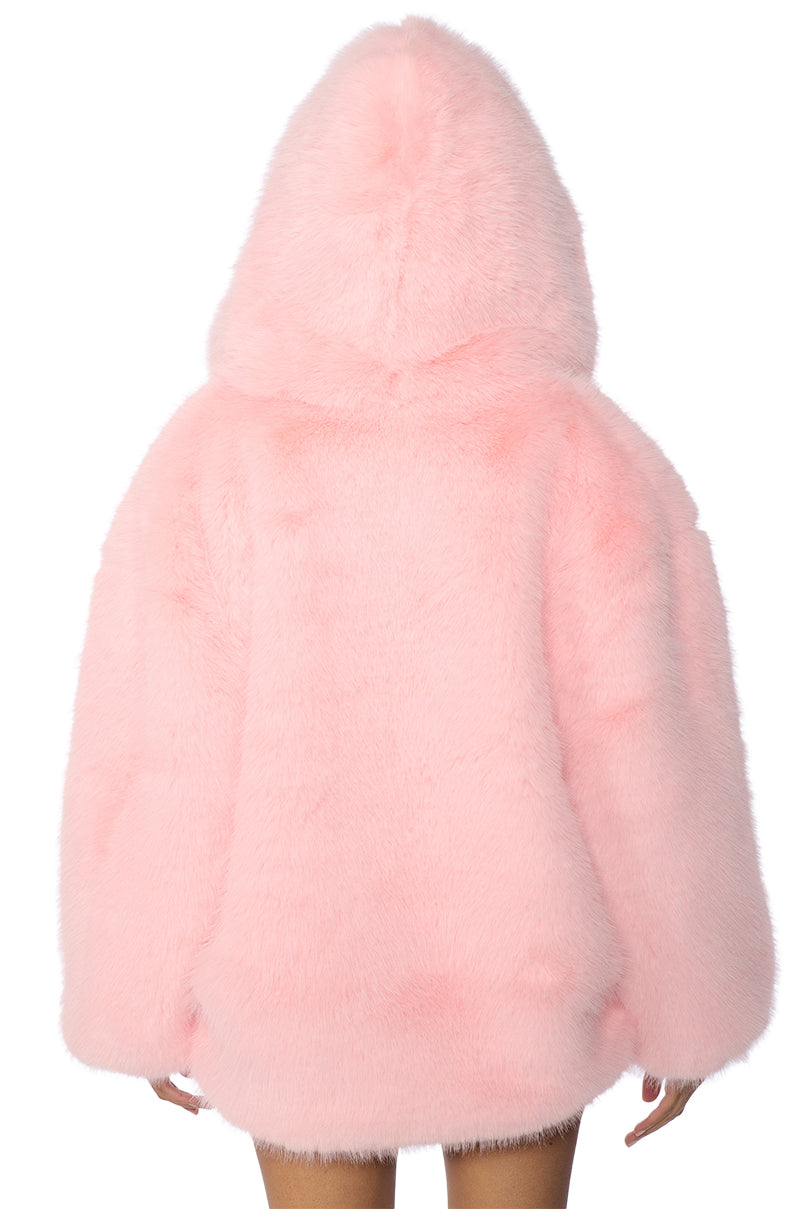 Extra View Lana Hooded Faux Fur Coat In Pink