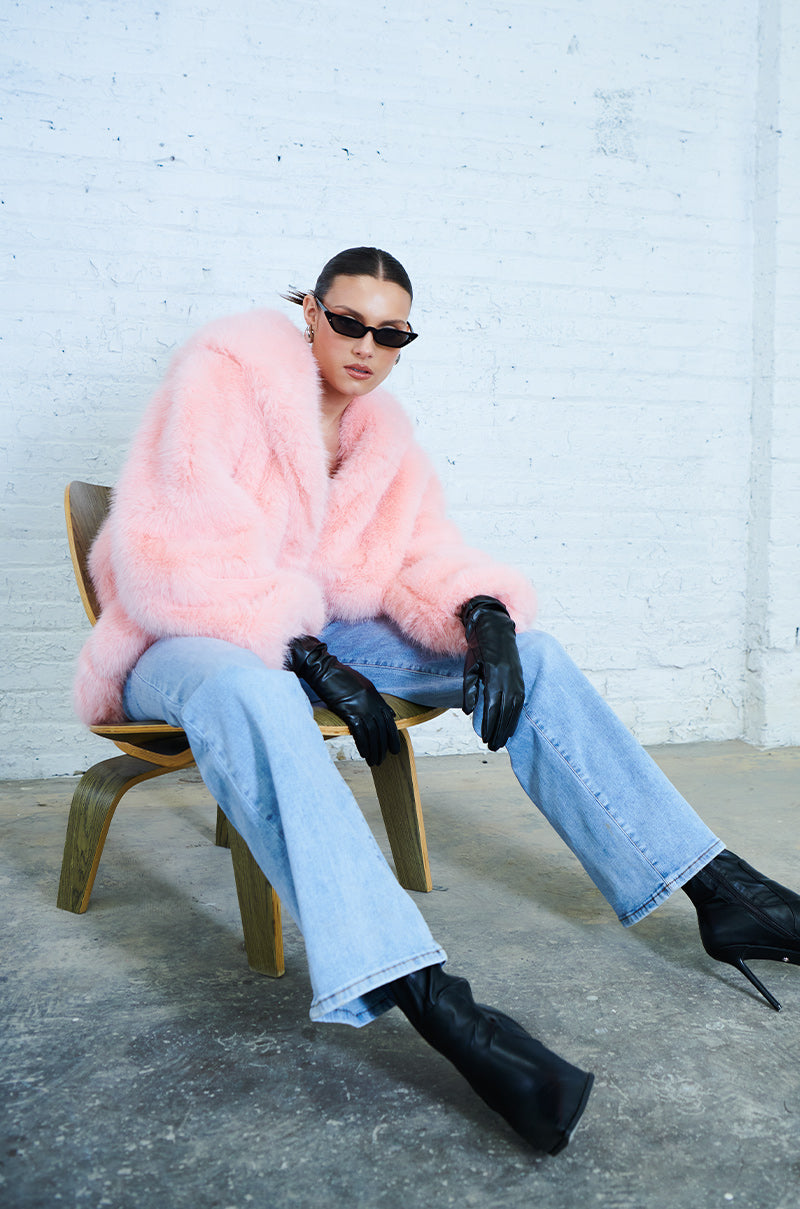 Extra View Lana Hooded Faux Fur Coat In Pink
