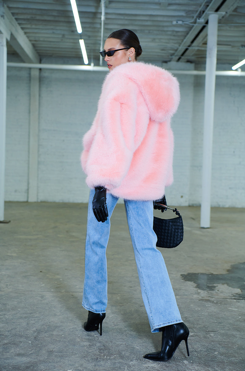 Extra View Lana Hooded Faux Fur Coat In Pink