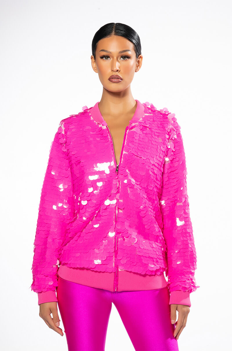 Back View Large Sequin Varsity Bomber With Rib Trims