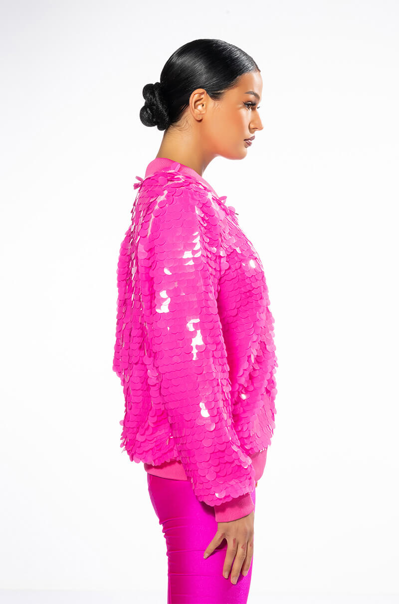 Detail View Large Sequin Varsity Bomber With Rib Trims