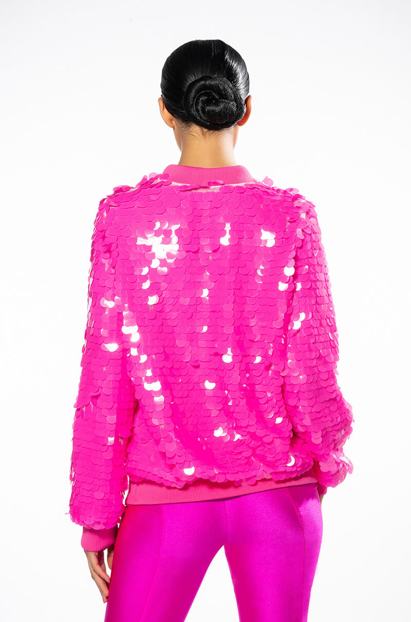 Full View Large Sequin Varsity Bomber With Rib Trims