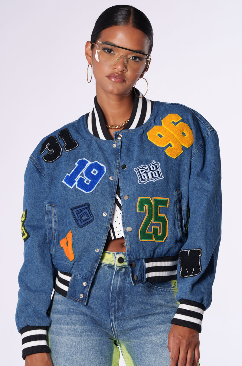 Front View Lattice Patch Denim Bomber
