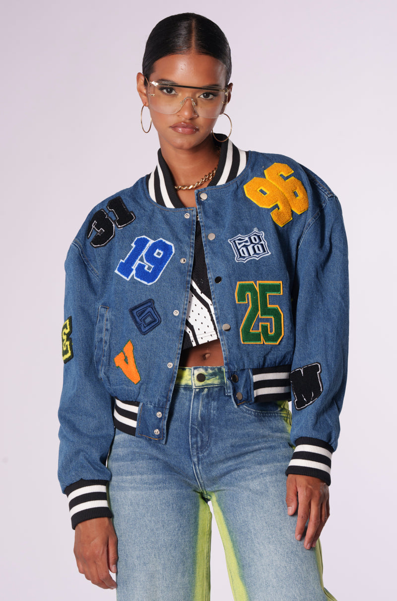 Side View Lattice Patch Denim Bomber